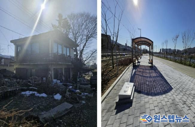 노후한 시설(사진 왼쪽)을 철거하고 새롭게 시민을 위한 수변공간(사진 오른쪽)으로 재탄생한 세심정 주변의 모습.