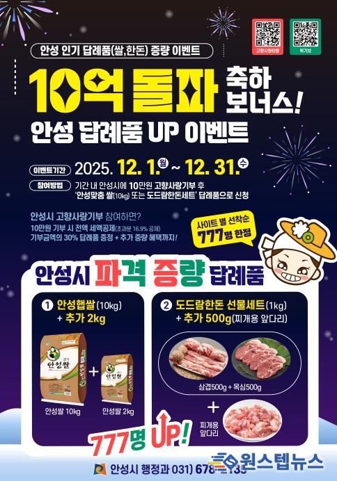 10억 돌파 감사의 마음, 안성 대표 답례품 증량 이벤트 시작