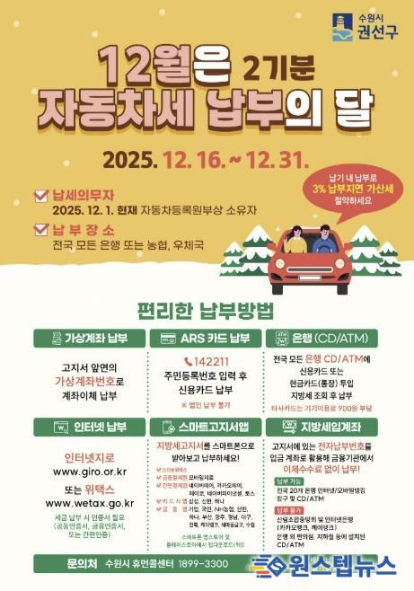 수원시 권선구, 12월은 자동차세 2기분 납부의 달