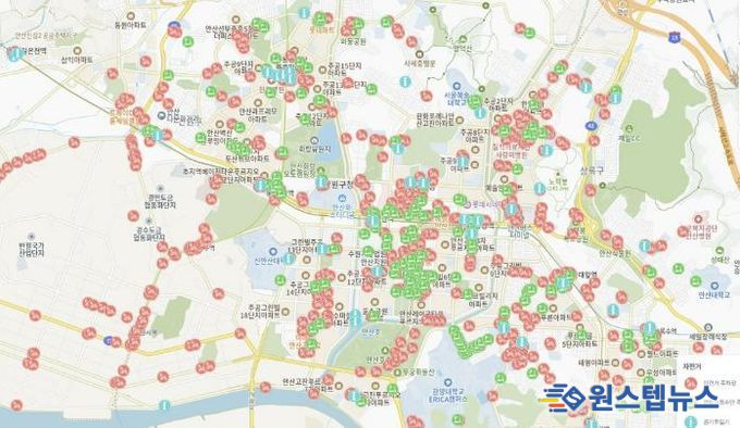 안산시 생활정보지도에 표시된 '자전거 편의시설 위치정보' 사진