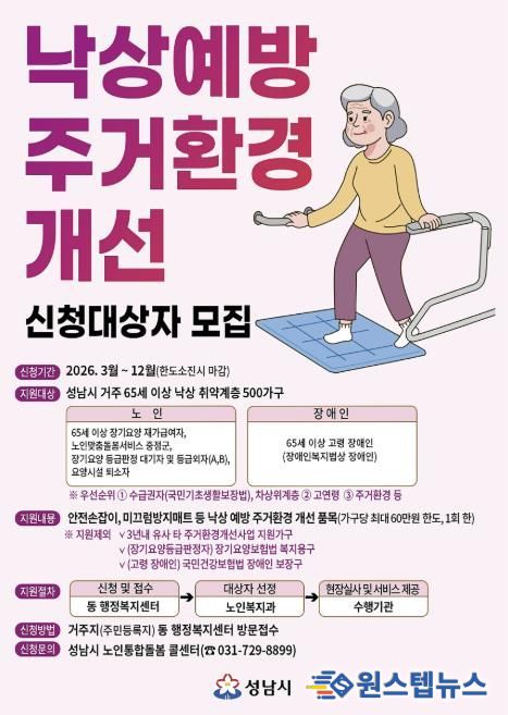 성남시, 낙상 위험 노인 500가구 주거환경 개선…3억원 투입