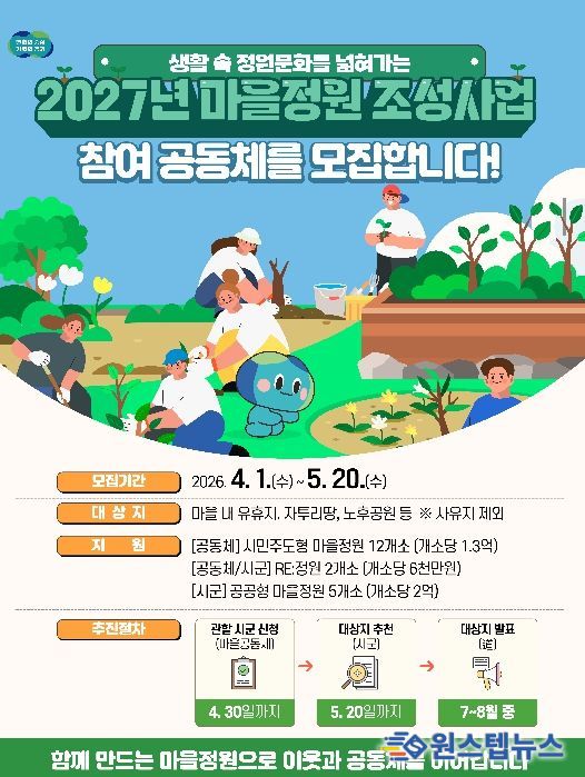 경기도, 최대 1억 3천만 원 지원 ‘2027년 마을정원 조성사업’ 참여 공동체 모집