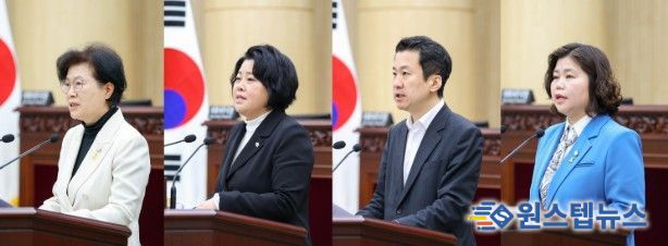 안산시의회가 8일 본회의장에서 제302회 임시회 제2차 본회의를 열고 시정질문과 5분 자유발언을 진행했다. 사진 왼쪽부터 이날 시정질문에 임한 박은경 의원과 5분 자유발언에 나선 김진숙 송바우나 박은정 의원의 모습.